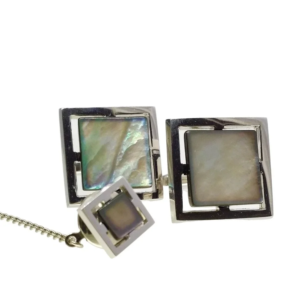 Sarah Coventry Square Abalone Cufflinks Tie Tack Silver Tone Lapel Pin Shell Mod